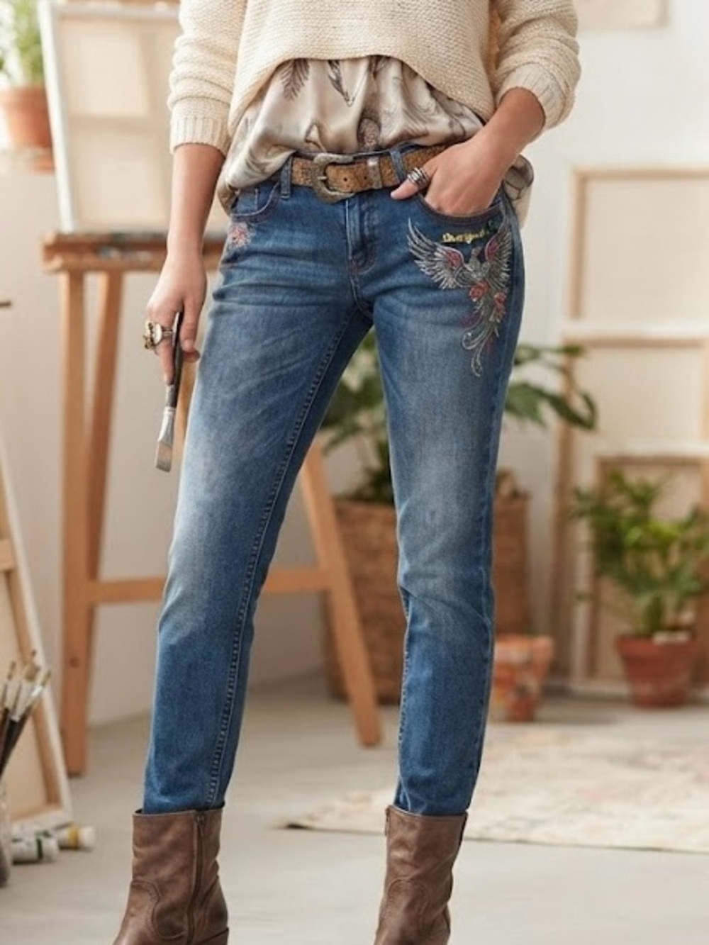 Desigual Exotic Jeans Embroidered Floral Whimsical Boho Denim Artsy Eclectic 28